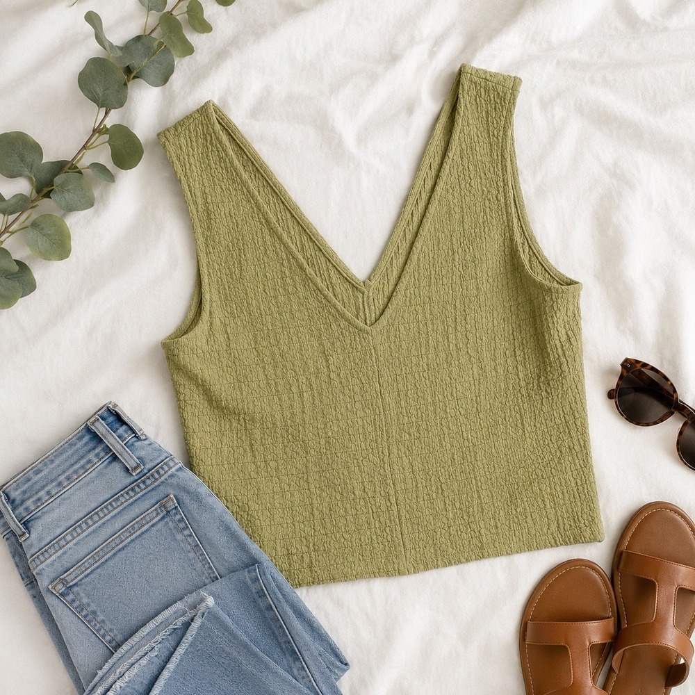Madewell Textured V Neck Tank Top Womens Small Green Sleeveless Stretch Capsule